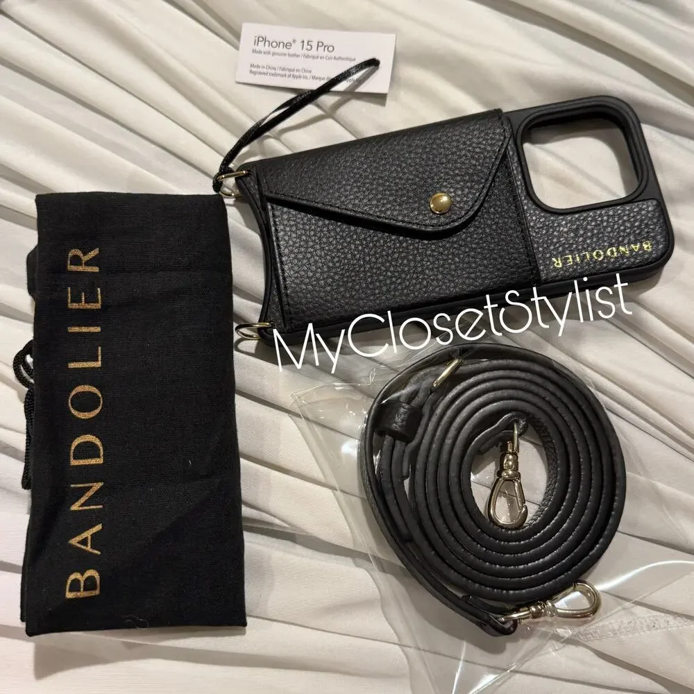 NEW BANDOLIER Wallet Case Crossbody Strap SET! 15 Pro Black Leather Gold